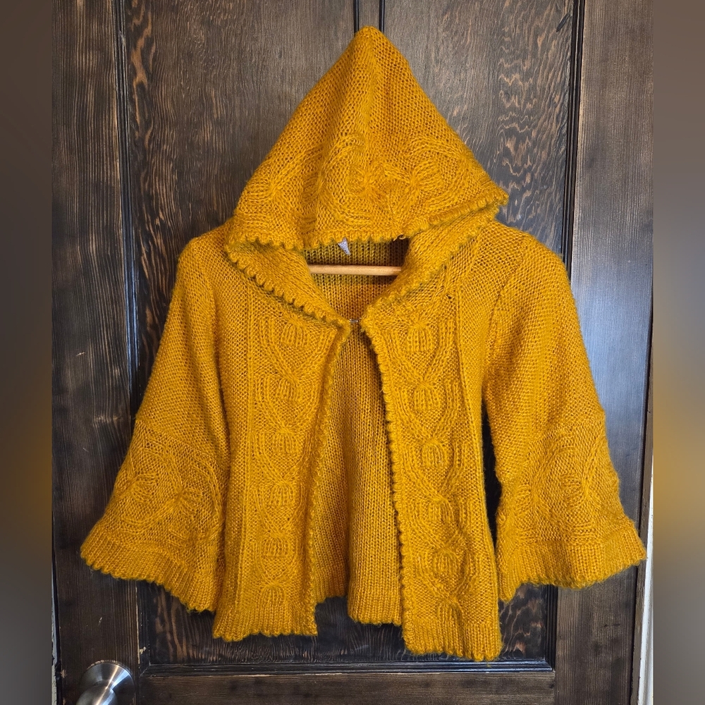 Vintage Y2k Derek Heart Mustard Yellow Cropped Hooded Cardigan Sweater